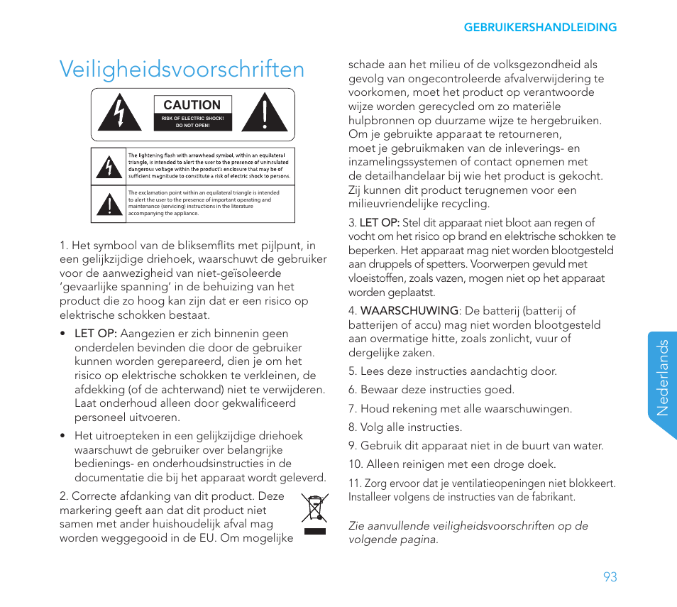 Veiligheidsvoorschriften, Nederlands | Definitive Technology 1x8"Longthrow Woofer and 2-8" Radiators (Black) User Manual | Page 94 / 138