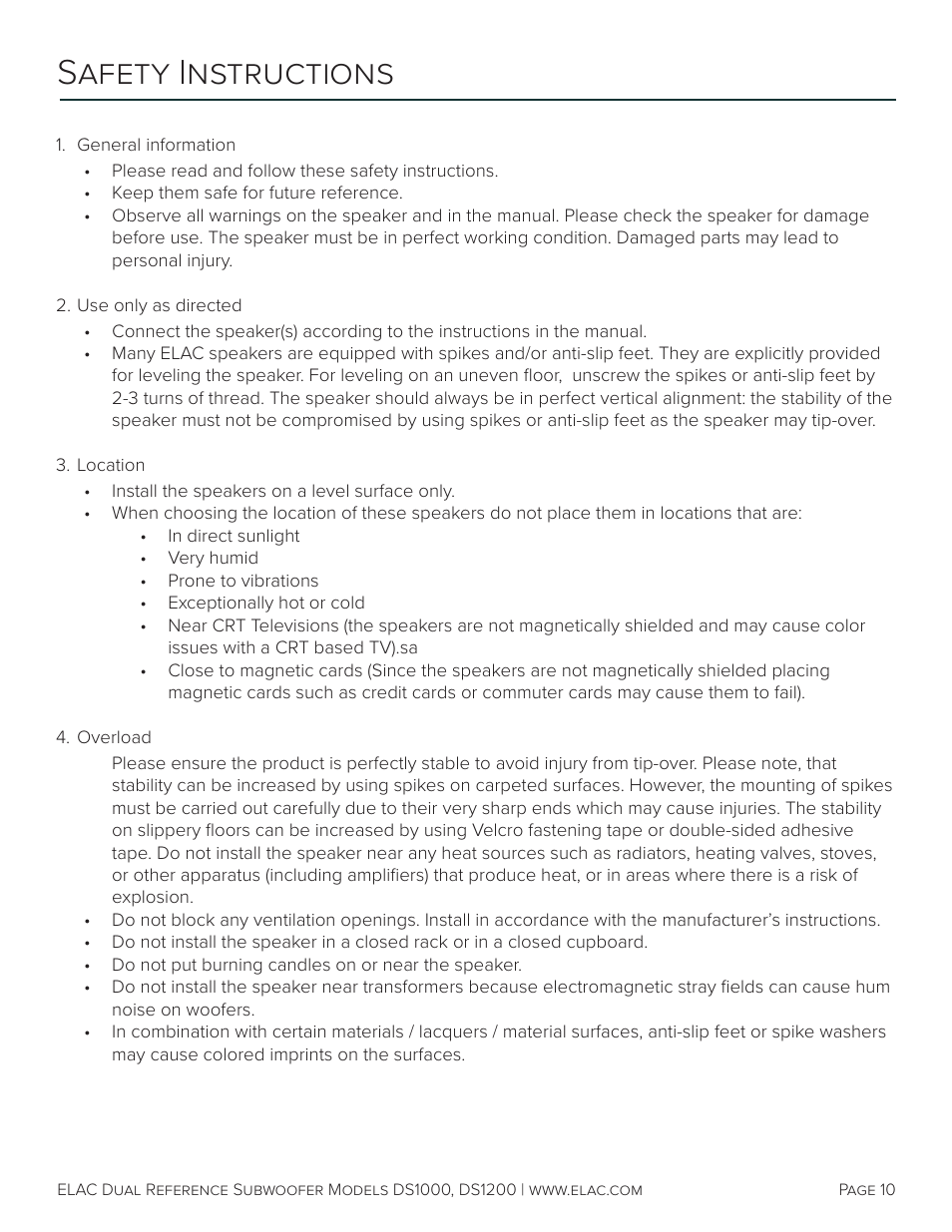 Safety instructions | Elac Varro Dual Reference DS1000 10" 2000W Subwoofer (Gloss Black) User Manual | Page 11 / 28