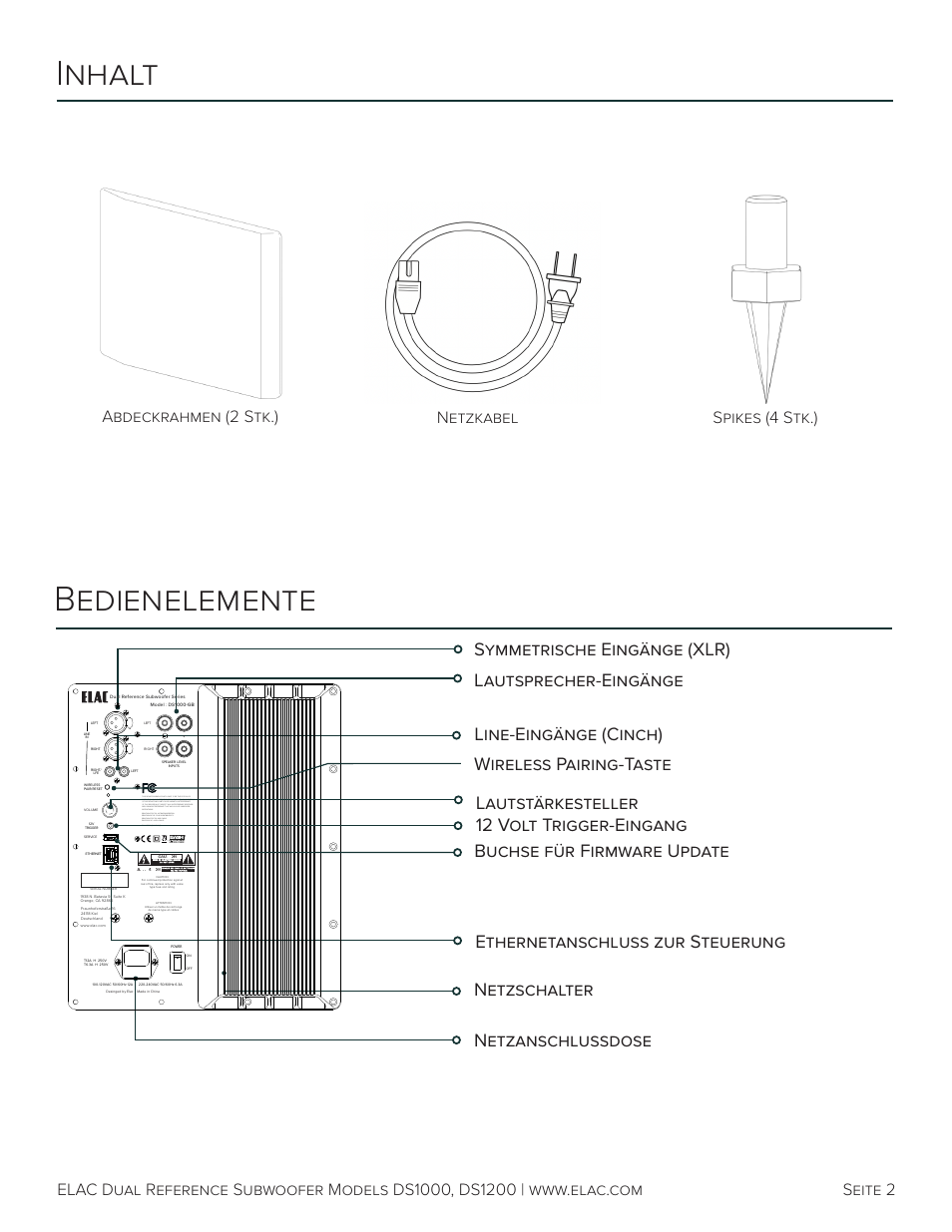 Inhalt, Bedienelemente, Symmetrische eingänge (xlr) | Elac Varro Dual Reference DS1000 10" 2000W Subwoofer (Gloss Black) User Manual | Page 15 / 28