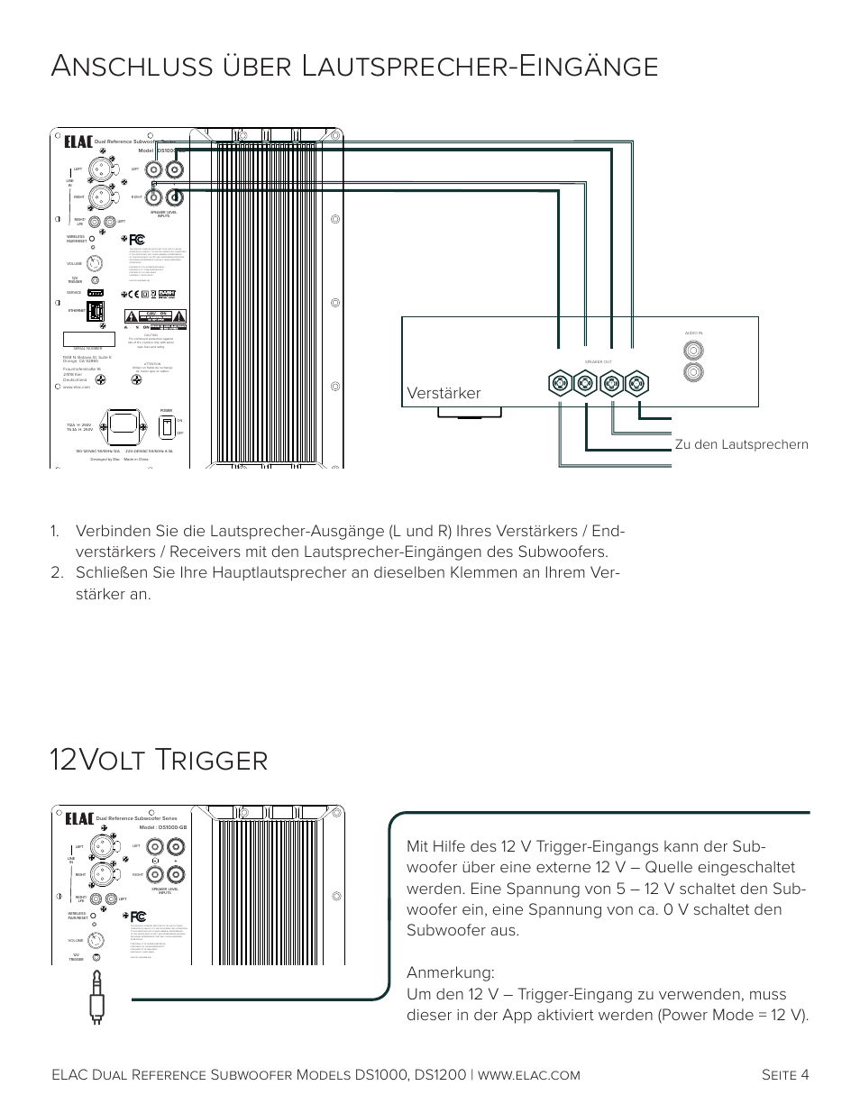 12volt trigger, Anschluss über lautsprecher-eingänge, Verstärker | Seite 4, Zu den lautsprechern | Elac Varro Dual Reference DS1000 10" 2000W Subwoofer (Gloss Black) User Manual | Page 17 / 28