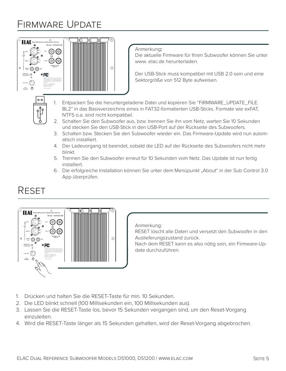 Firmware update, Reset, Seite 5 | Elac Varro Dual Reference DS1000 10" 2000W Subwoofer (Gloss Black) User Manual | Page 18 / 28