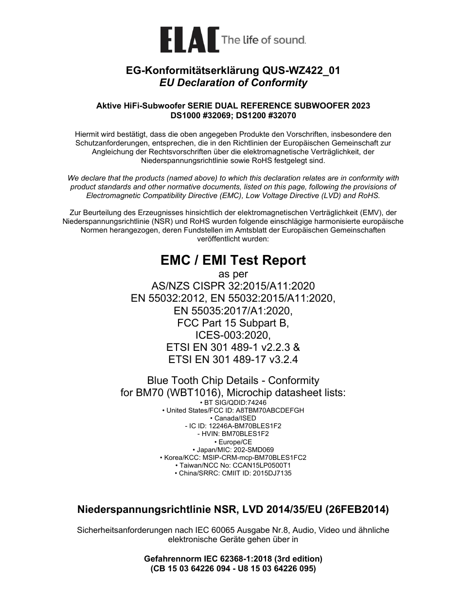 Emc / emi test report | Elac Varro Dual Reference DS1000 10" 2000W Subwoofer (Gloss Black) User Manual | Page 26 / 28