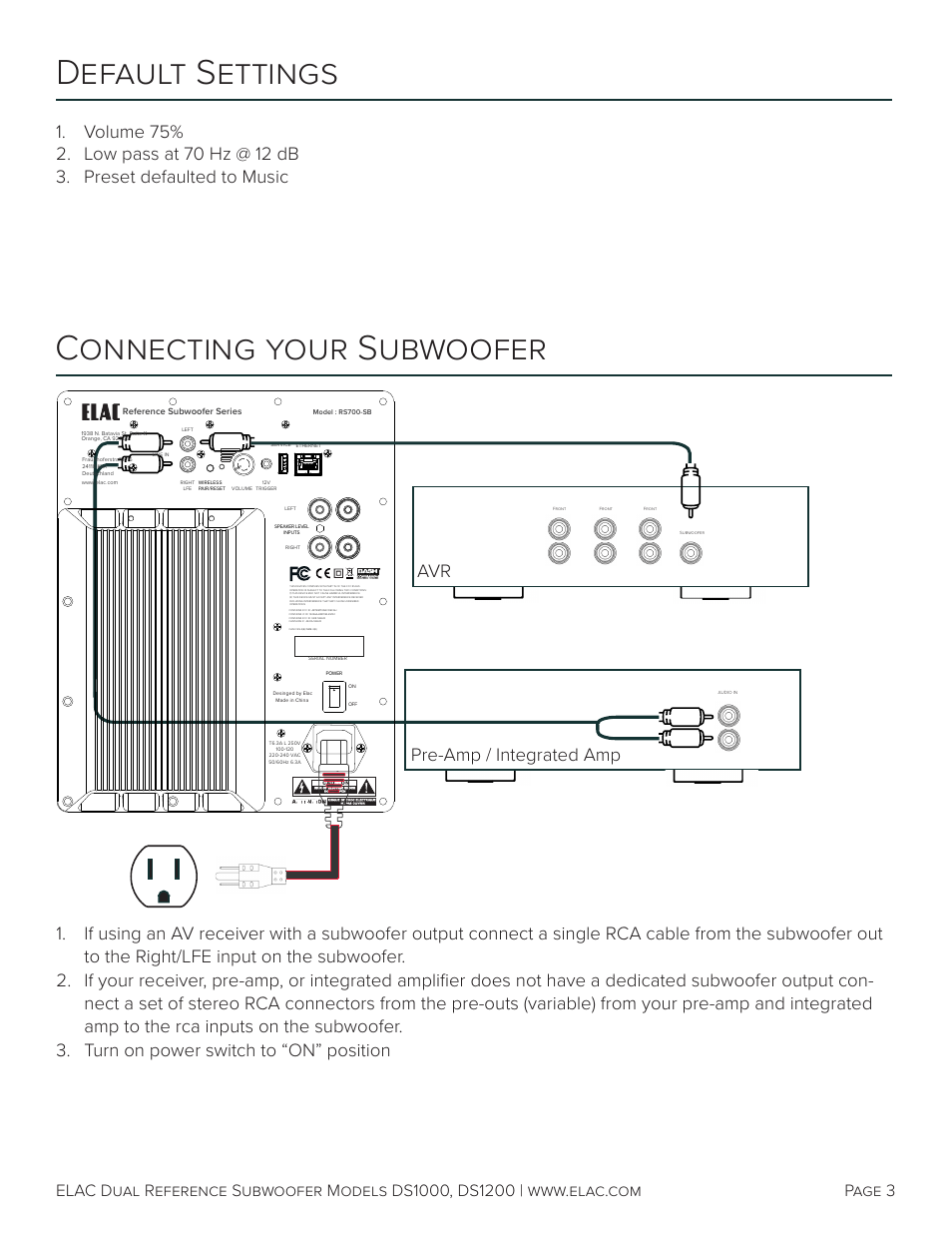 Connecting your subwoofer, Default settings, Avr pre-amp / integrated amp | Page 3 | Elac Varro Dual Reference DS1000 10" 2000W Subwoofer (Gloss Black) User Manual | Page 4 / 28