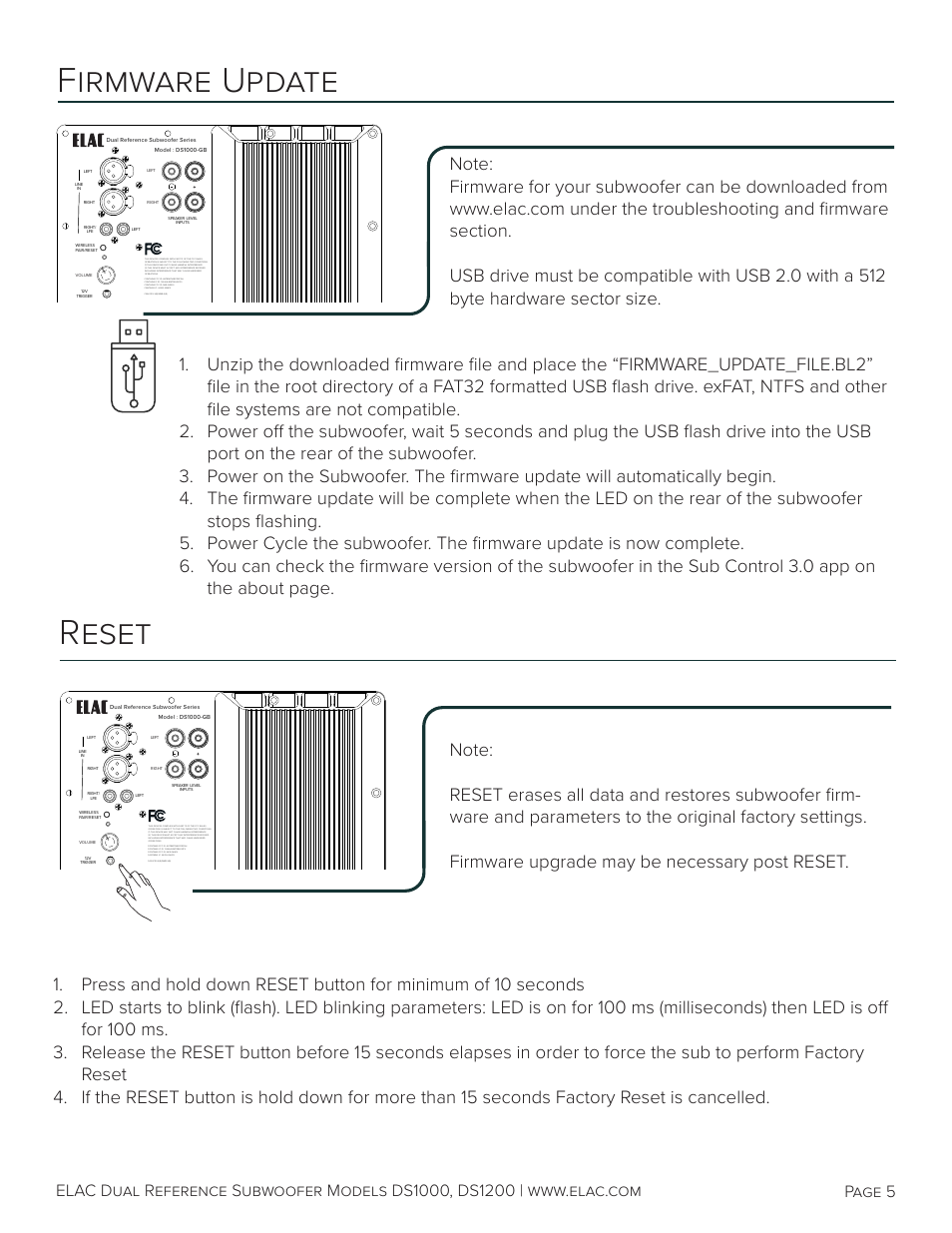 Firmware update, Reset, Page 5 | Elac Varro Dual Reference DS1000 10" 2000W Subwoofer (Gloss Black) User Manual | Page 6 / 28