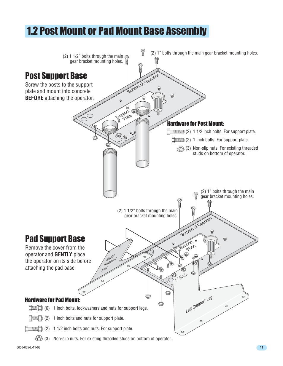 2 post mount or pad mount base assembly, Pad support base post support base | DoorKing 6100 User Manual | Page 13 / 42