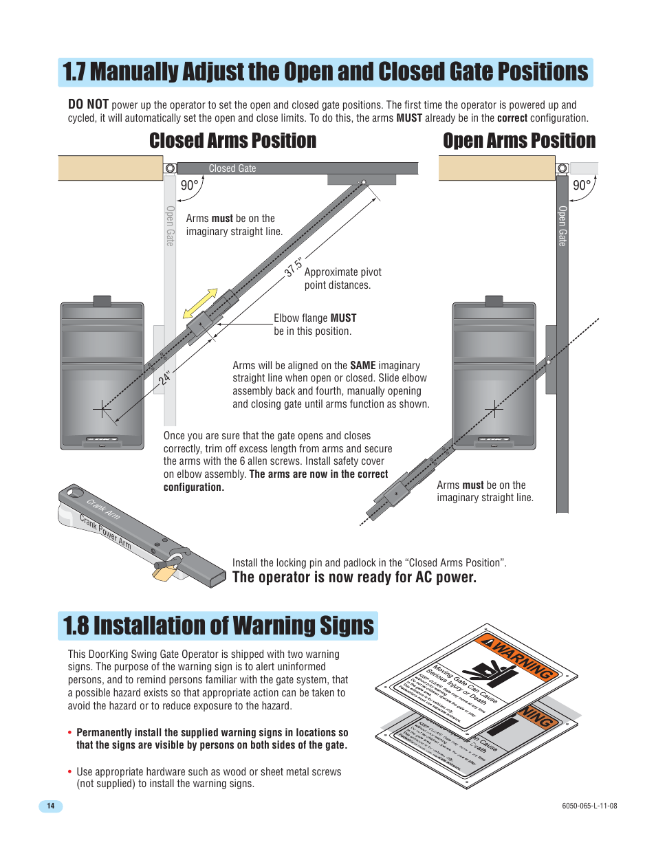 Closed arms position open arms position, The operator is now ready for ac power | DoorKing 6100 User Manual | Page 16 / 42
