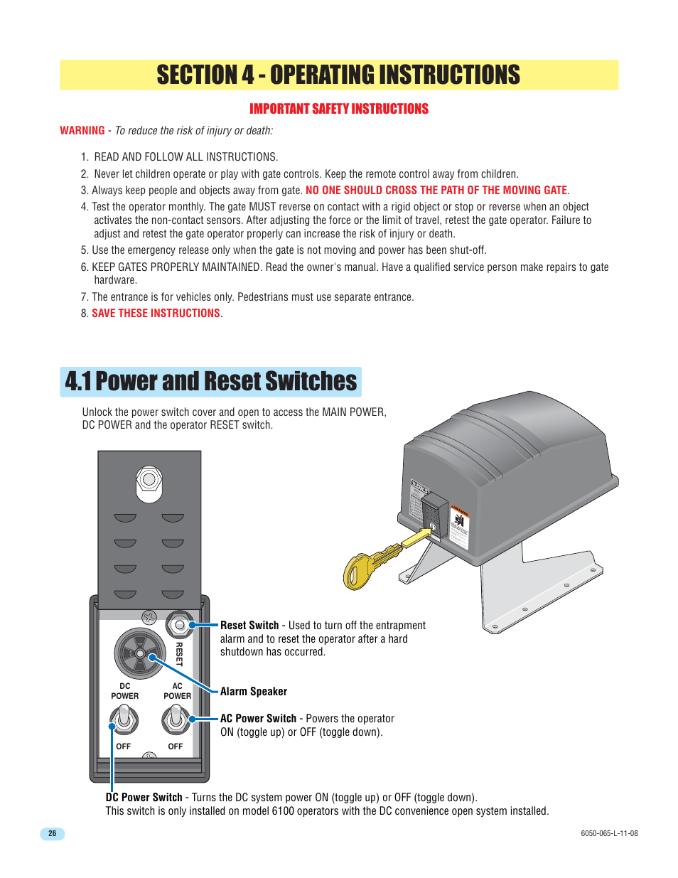 1 power and reset switches, Important safety instructions | DoorKing 6100 User Manual | Page 28 / 42