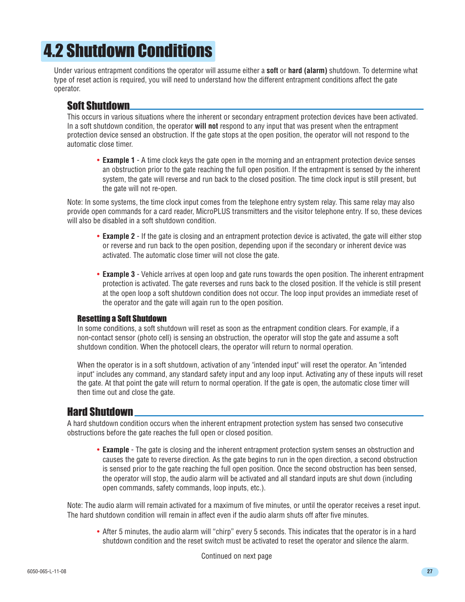 2 shutdown conditions, Soft shutdown, Hard shutdown | DoorKing 6100 User Manual | Page 29 / 42