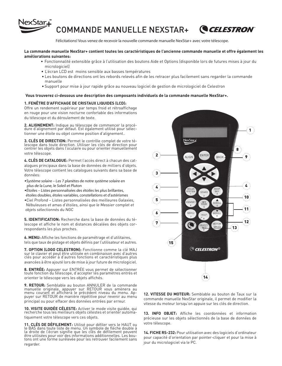 Nexstar_plus_hc_addendum_french canadian, Commande manuelle nexstar | Celestron CGX Equatorial 800 HD Telescope User Manual | Page 3 / 10