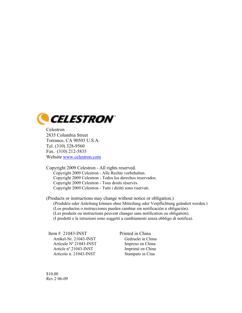 Celestron info | Celestron PowerSeeker 70 70mm f/10 AZ Refractor Telescope User Manual | Page 151 / 151