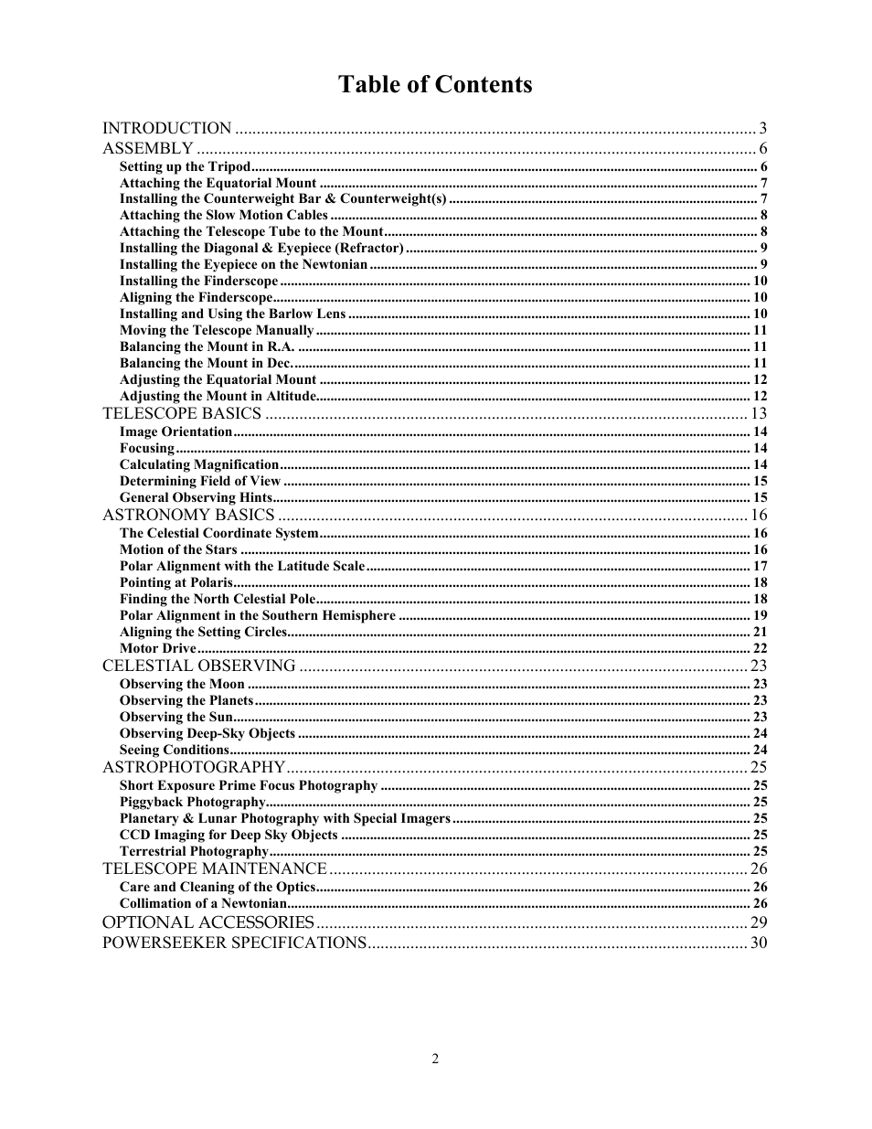 Celestron PowerSeeker 70 70mm f/10 AZ Refractor Telescope User Manual | Page 2 / 151