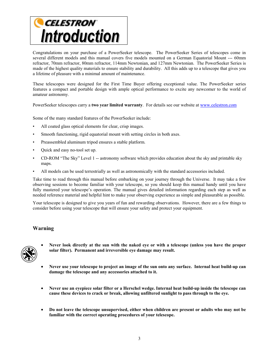 Celestron PowerSeeker 70 70mm f/10 AZ Refractor Telescope User Manual | Page 3 / 151