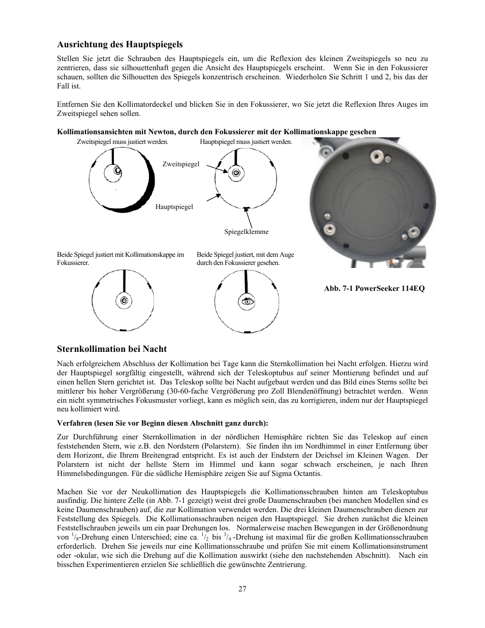 Ausrichtung des hauptspiegels, Sternkollimation bei nacht | Celestron PowerSeeker 70 70mm f/10 AZ Refractor Telescope User Manual | Page 57 / 151