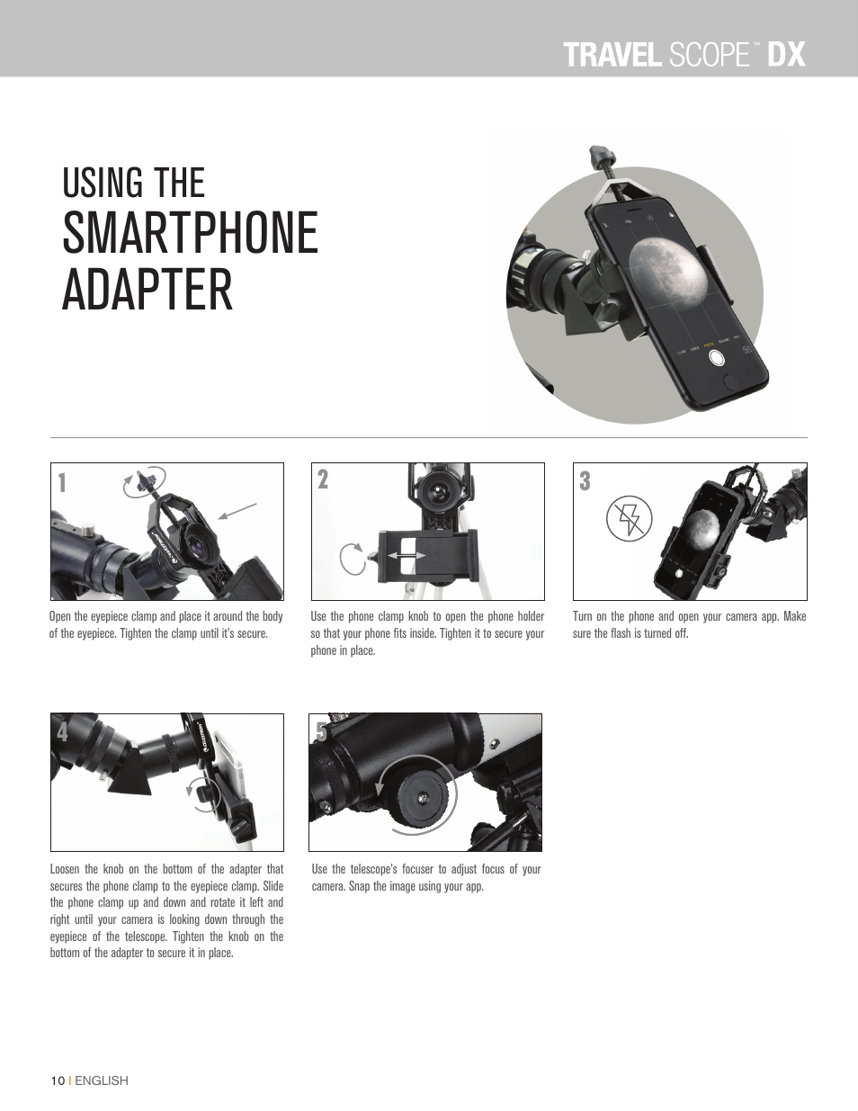 Smartphone adapter, Using the | Celestron Travel Scope DX 60mm f/6 AZ Refractor Telescope Digiscoping Kit User Manual | Page 10 / 115