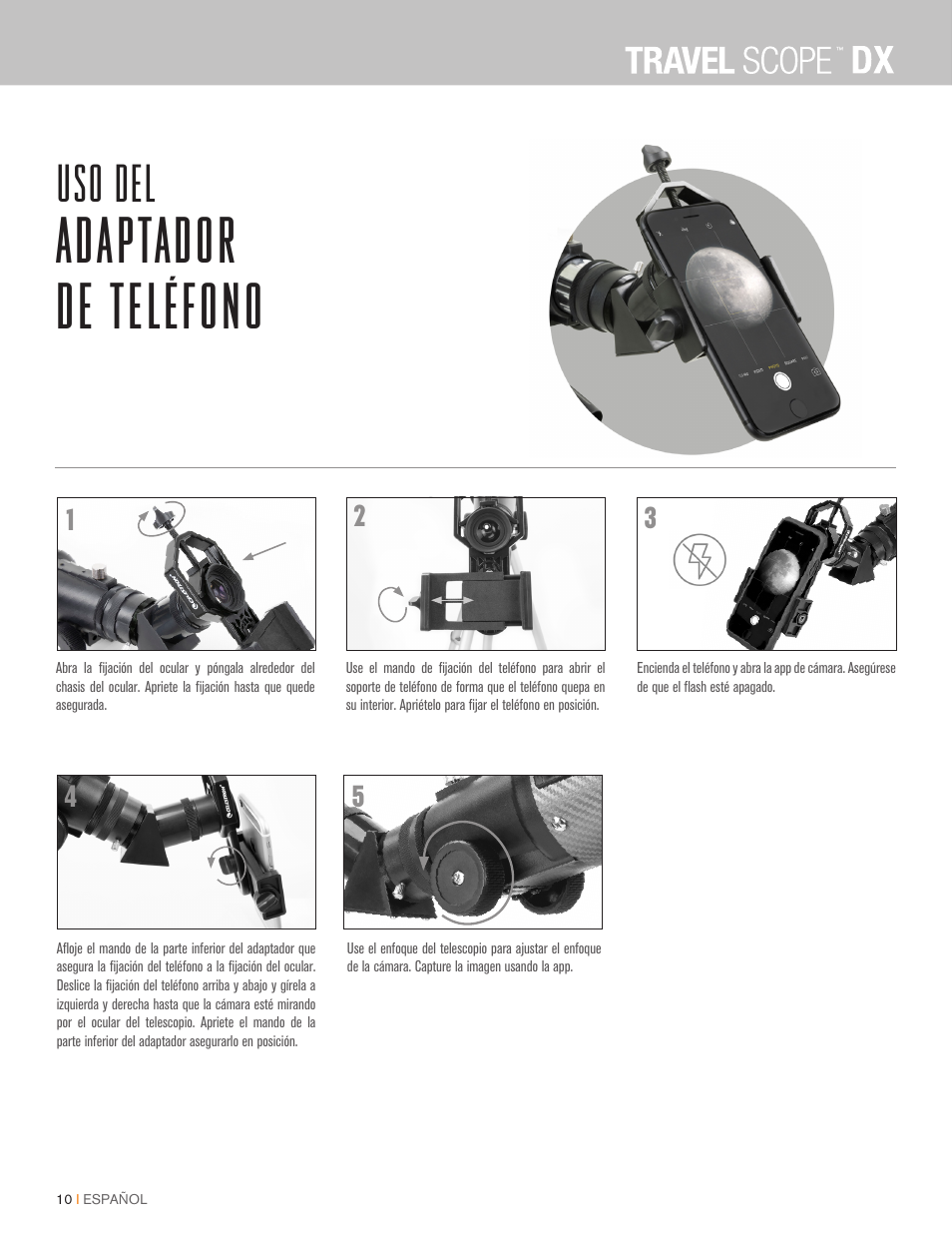 Adaptador de teléfono, Uso del | Celestron Travel Scope DX 60mm f/6 AZ Refractor Telescope Digiscoping Kit User Manual | Page 102 / 115