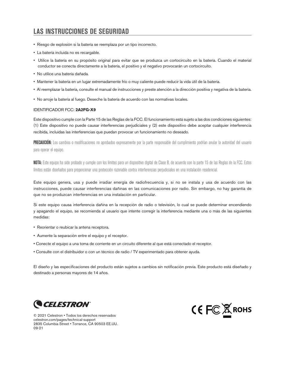 Las instrucciones de seguridad | Celestron Travel Scope DX 60mm f/6 AZ Refractor Telescope Digiscoping Kit User Manual | Page 115 / 115