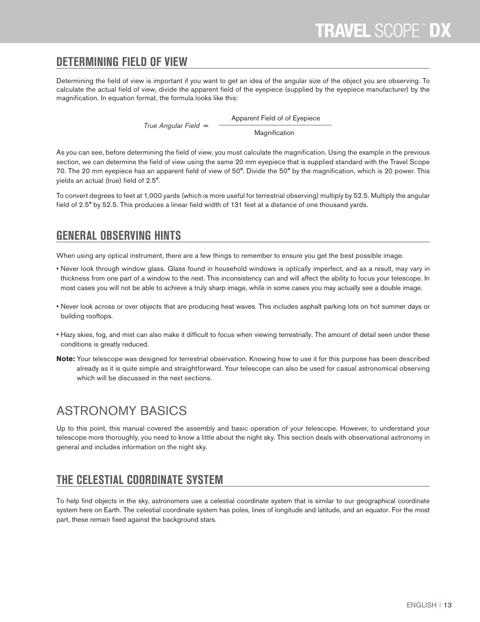 Determining field of view, General observing hints, Astronomy basics | The celestial coordinate system | Celestron Travel Scope DX 60mm f/6 AZ Refractor Telescope Digiscoping Kit User Manual | Page 13 / 115