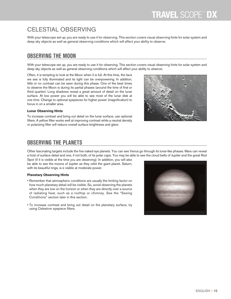 Celestial observing, Observing the moon, Observing the planets | Celestron Travel Scope DX 60mm f/6 AZ Refractor Telescope Digiscoping Kit User Manual | Page 15 / 115