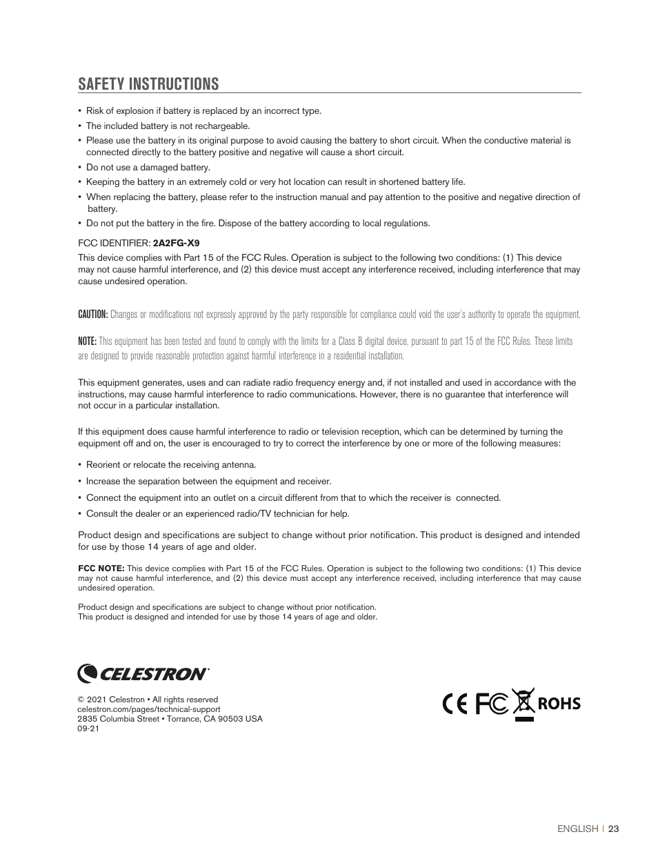 Safety instructions | Celestron Travel Scope DX 60mm f/6 AZ Refractor Telescope Digiscoping Kit User Manual | Page 23 / 115