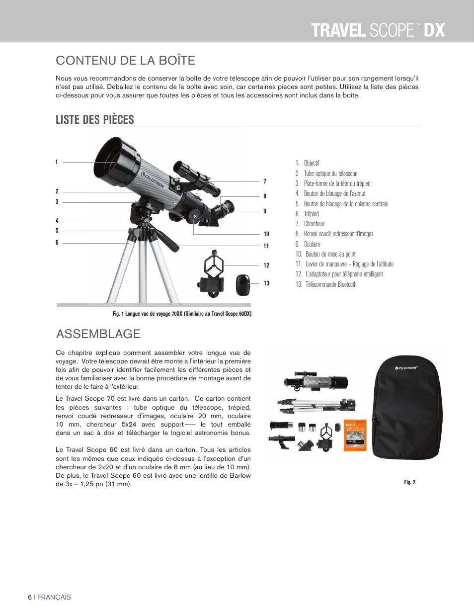 Liste des pièces contenu de la boîte assemblage | Celestron Travel Scope DX 60mm f/6 AZ Refractor Telescope Digiscoping Kit User Manual | Page 29 / 115