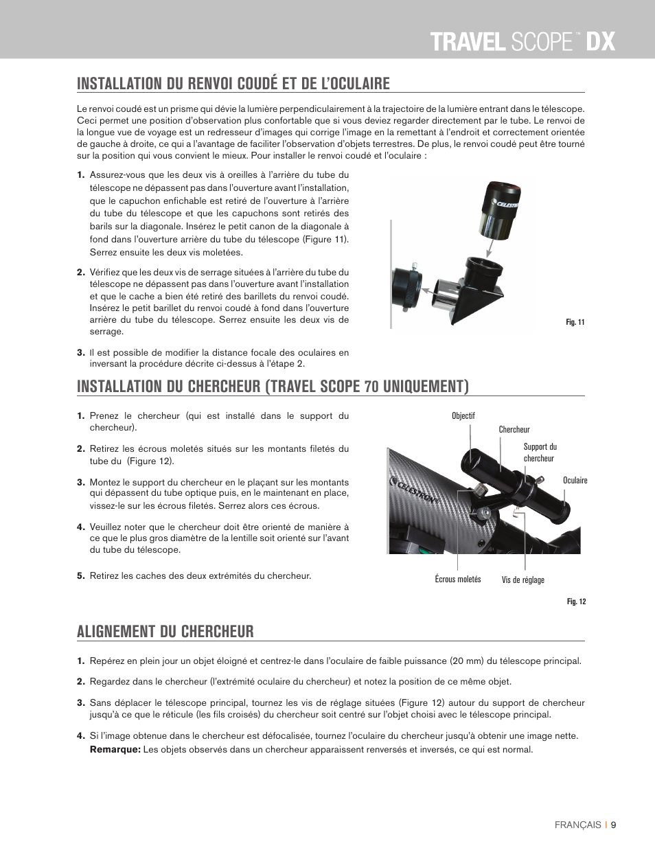 Installation du renvoi coudé et de l’oculaire, Alignement du chercheur | Celestron Travel Scope DX 60mm f/6 AZ Refractor Telescope Digiscoping Kit User Manual | Page 32 / 115