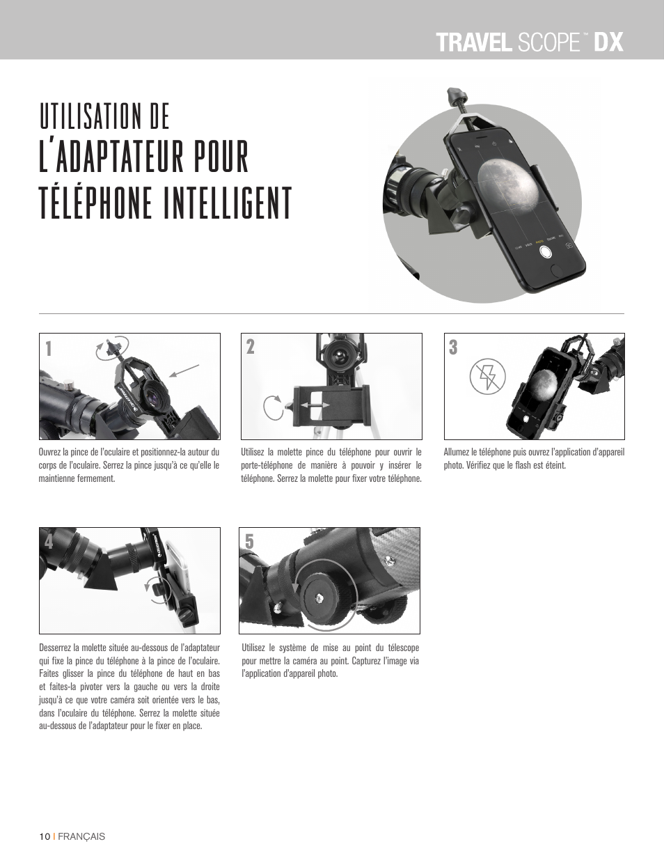 L’adaptateur pour téléphone intelligent, Utilisation de | Celestron Travel Scope DX 60mm f/6 AZ Refractor Telescope Digiscoping Kit User Manual | Page 33 / 115