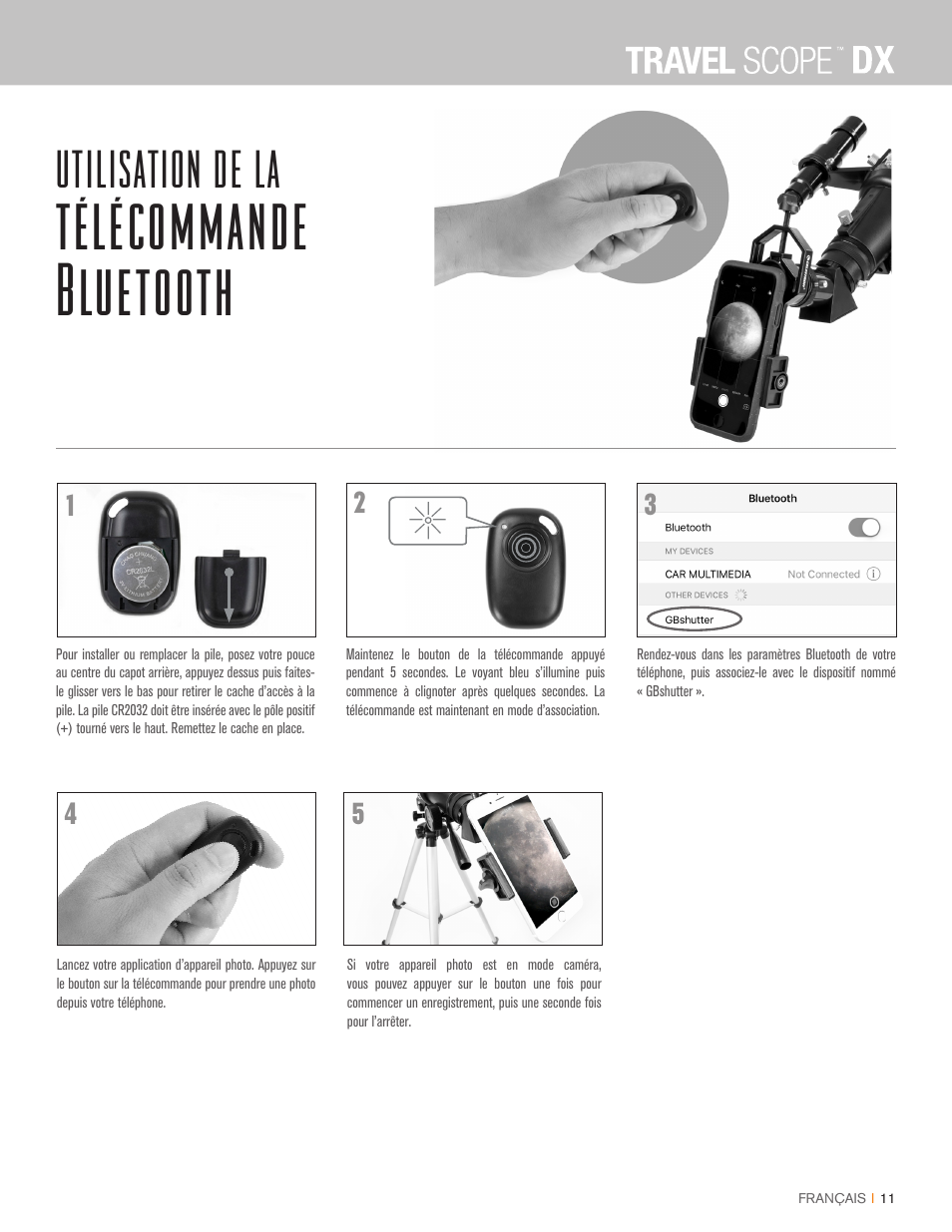 Télécommande bluetooth, Utilisation de la | Celestron Travel Scope DX 60mm f/6 AZ Refractor Telescope Digiscoping Kit User Manual | Page 34 / 115