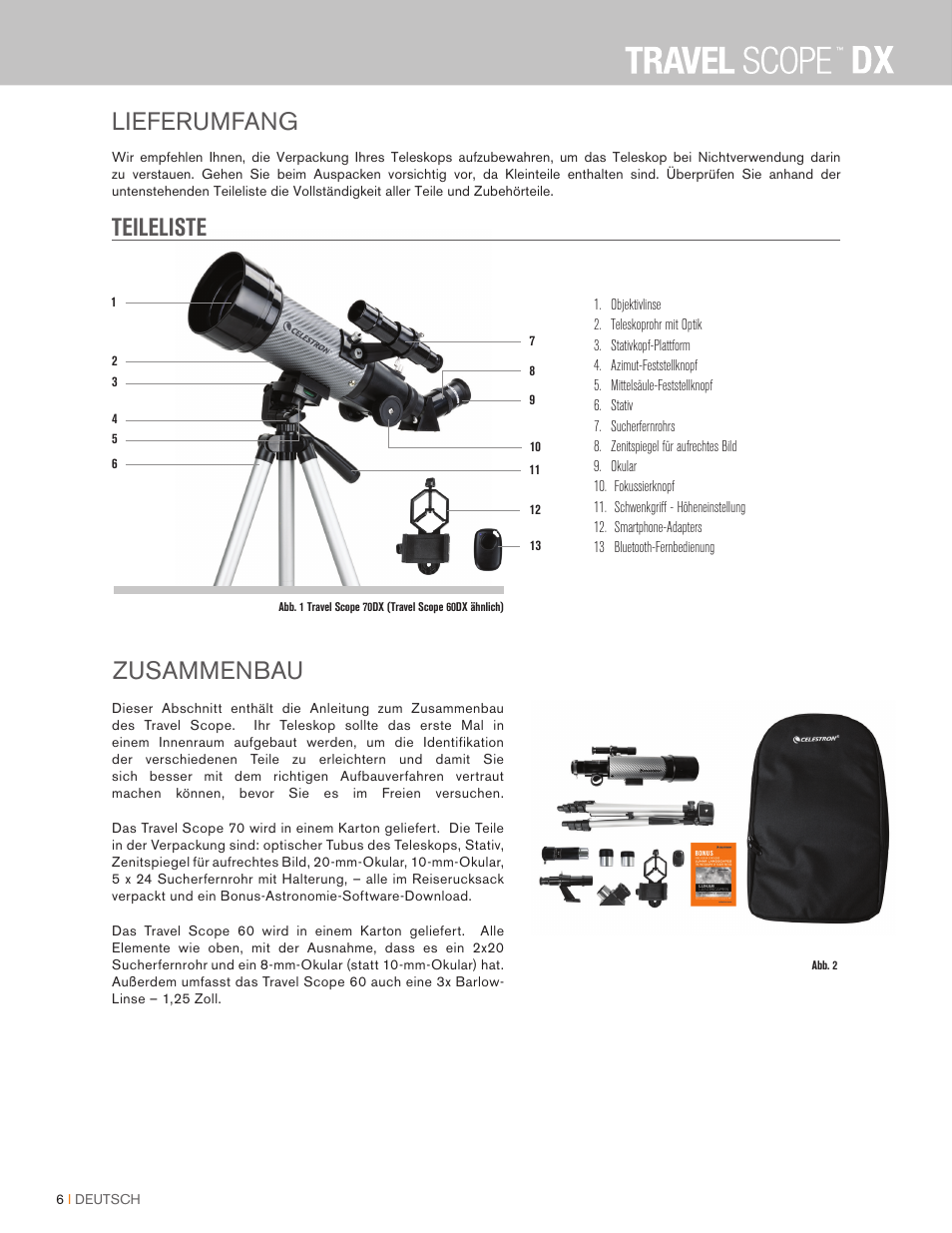 Teileliste lieferumfang zusammenbau | Celestron Travel Scope DX 60mm f/6 AZ Refractor Telescope Digiscoping Kit User Manual | Page 52 / 115