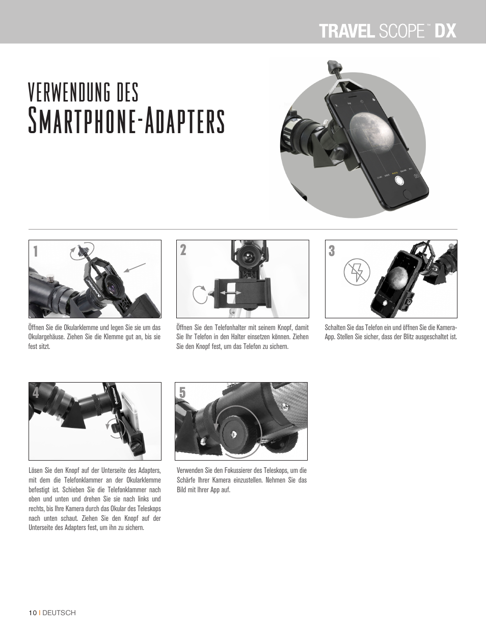 Smartphone-adapters, Verwendung des | Celestron Travel Scope DX 60mm f/6 AZ Refractor Telescope Digiscoping Kit User Manual | Page 56 / 115