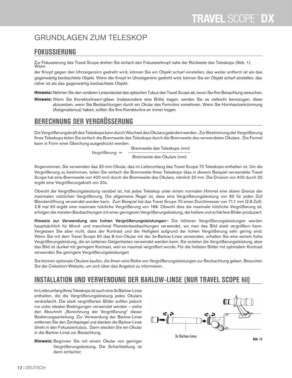 Grundlagen zum teleskop fokussierung, Berechnung der vergrösserung | Celestron Travel Scope DX 60mm f/6 AZ Refractor Telescope Digiscoping Kit User Manual | Page 58 / 115