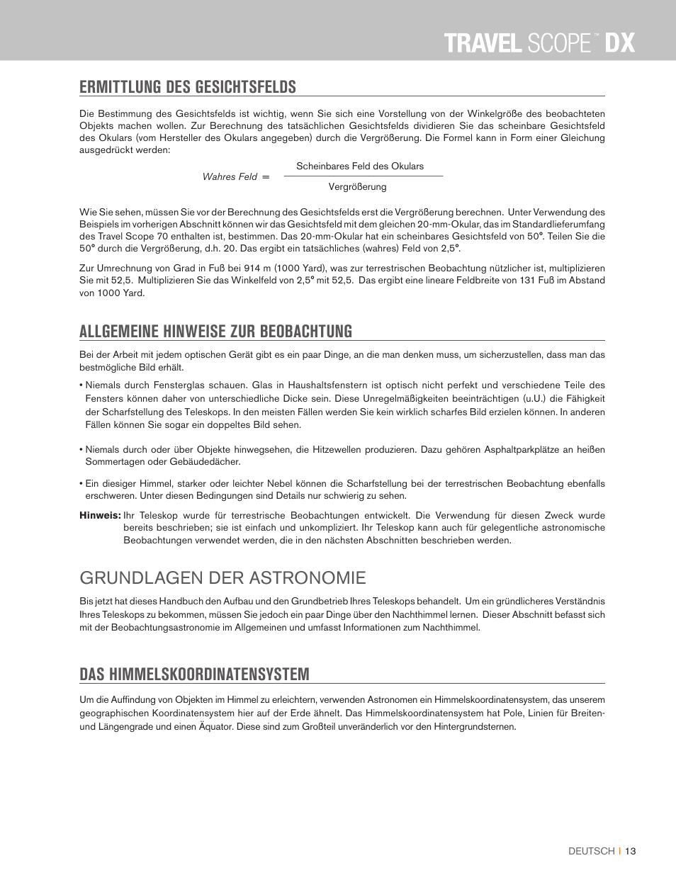 Ermittlung des gesichtsfelds, Allgemeine hinweise zur beobachtung, Grundlagen der astronomie | Das himmelskoordinatensystem | Celestron Travel Scope DX 60mm f/6 AZ Refractor Telescope Digiscoping Kit User Manual | Page 59 / 115