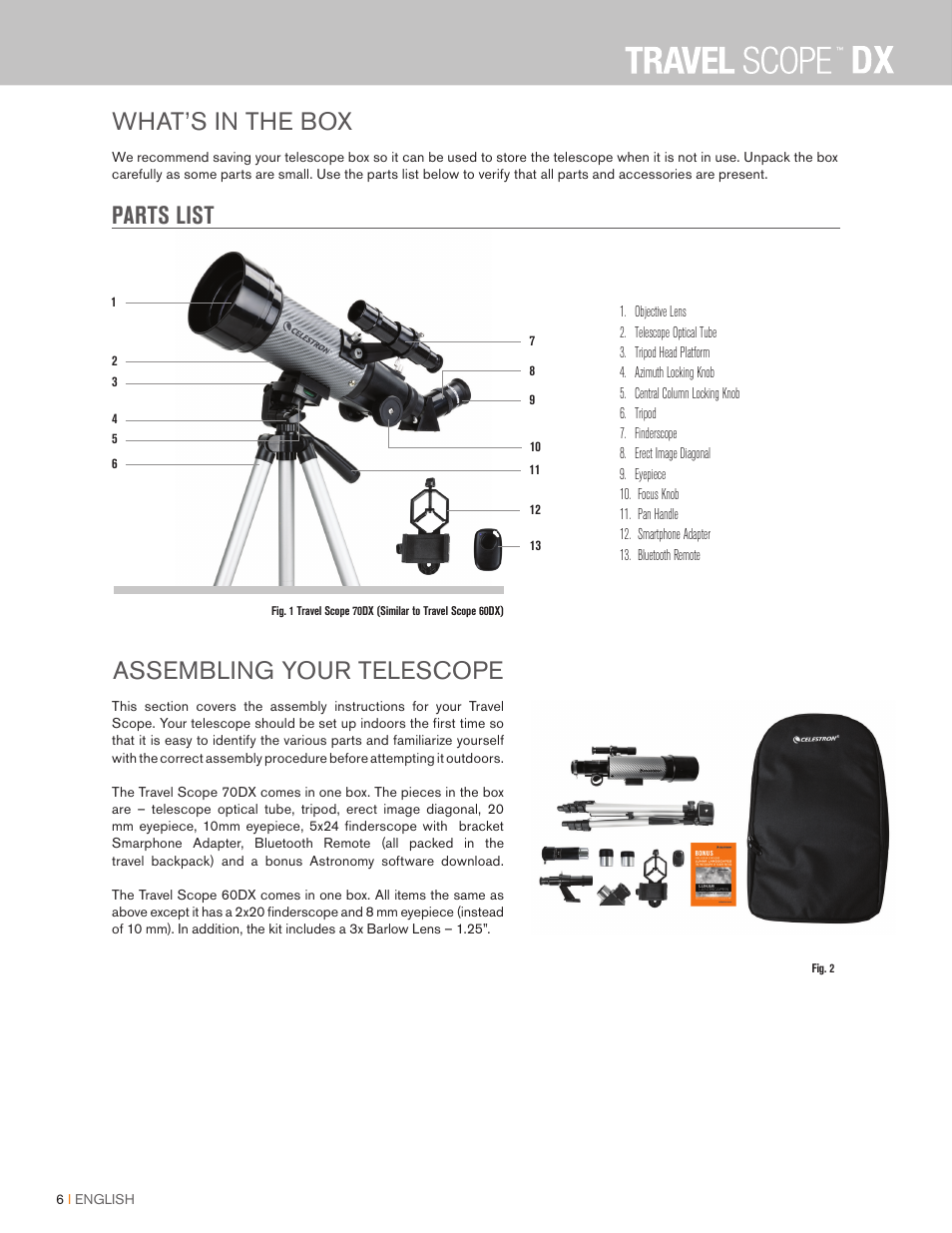 Celestron Travel Scope DX 60mm f/6 AZ Refractor Telescope Digiscoping Kit User Manual | Page 6 / 115