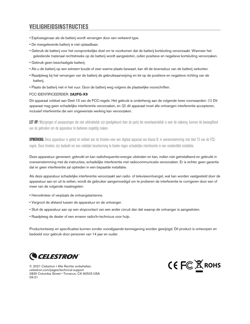 Veiligheidsinstructies | Celestron Travel Scope DX 60mm f/6 AZ Refractor Telescope Digiscoping Kit User Manual | Page 69 / 115