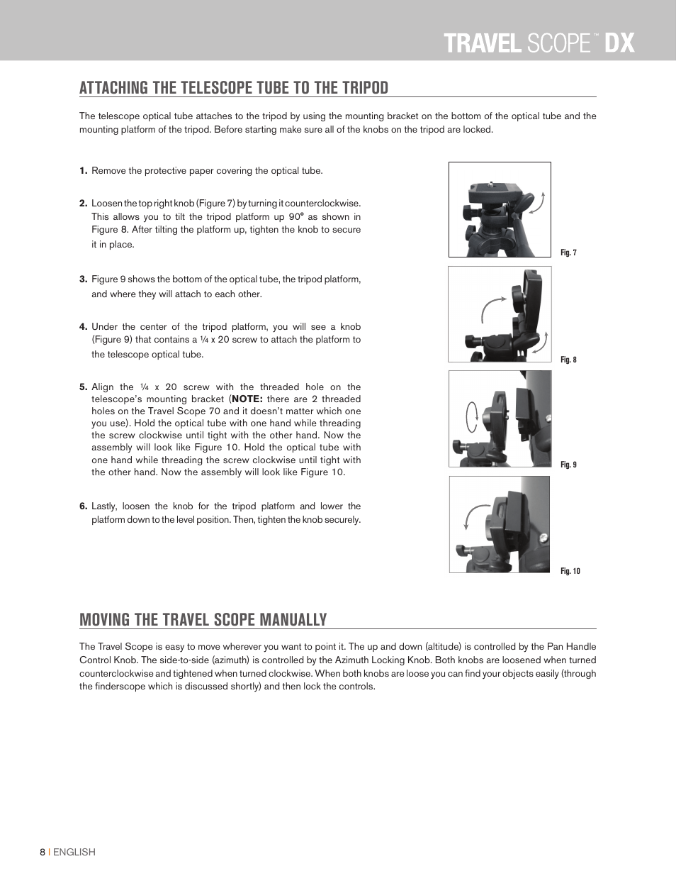 Attaching the telescope tube to the tripod, Moving the travel scope manually | Celestron Travel Scope DX 60mm f/6 AZ Refractor Telescope Digiscoping Kit User Manual | Page 8 / 115