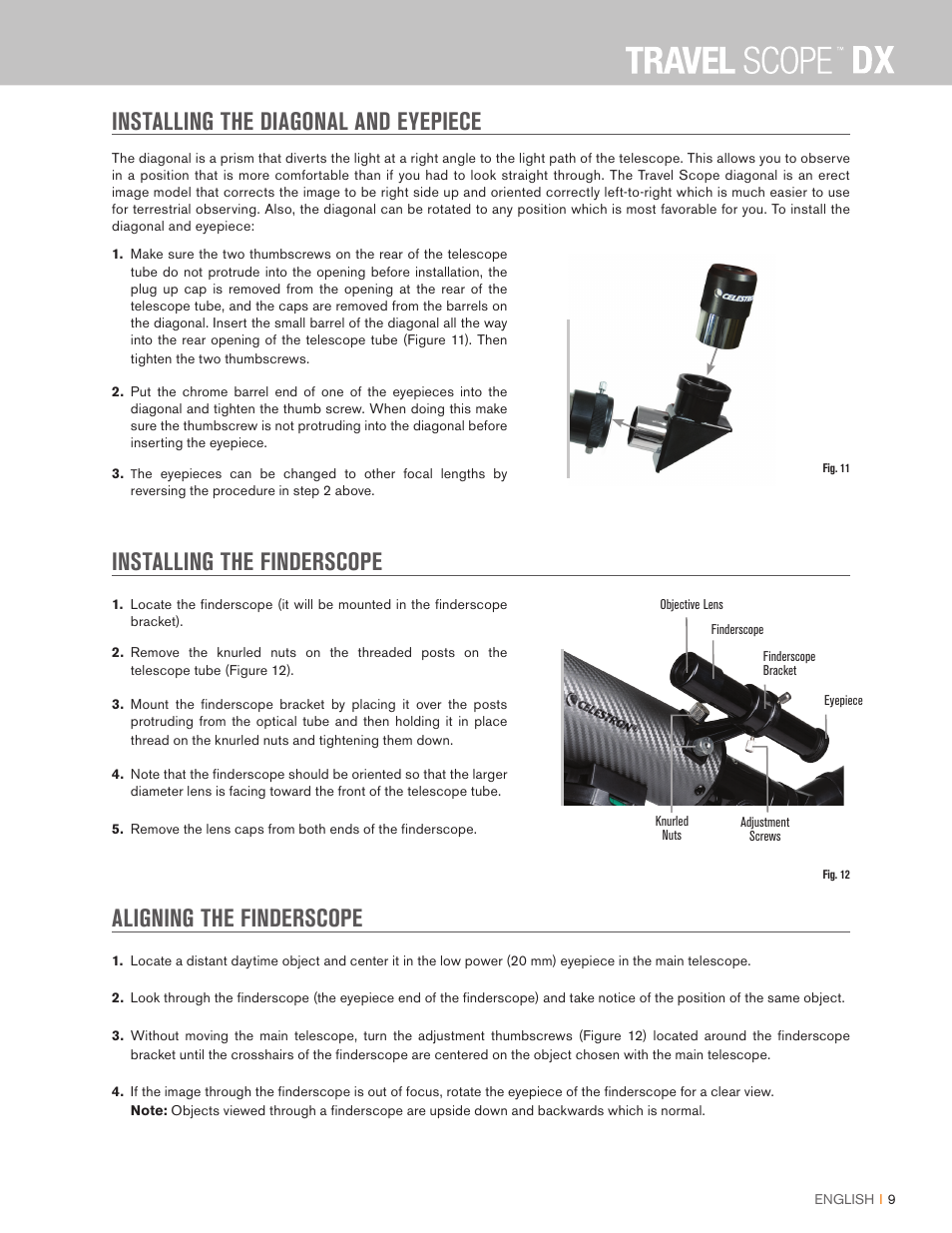 Installing the diagonal and eyepiece, Installing the finderscope, Aligning the finderscope | Celestron Travel Scope DX 60mm f/6 AZ Refractor Telescope Digiscoping Kit User Manual | Page 9 / 115