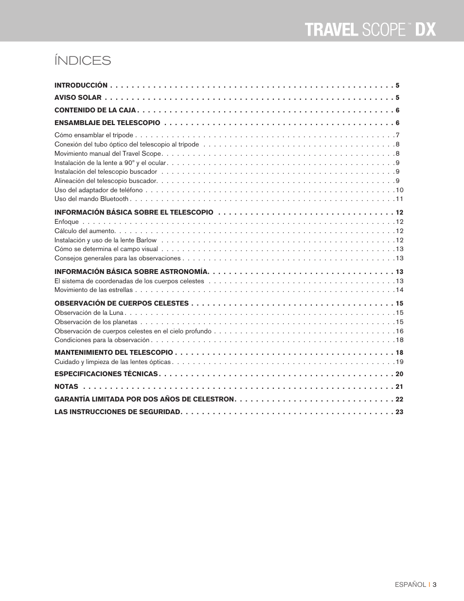 Índices | Celestron Travel Scope DX 60mm f/6 AZ Refractor Telescope Digiscoping Kit User Manual | Page 95 / 115