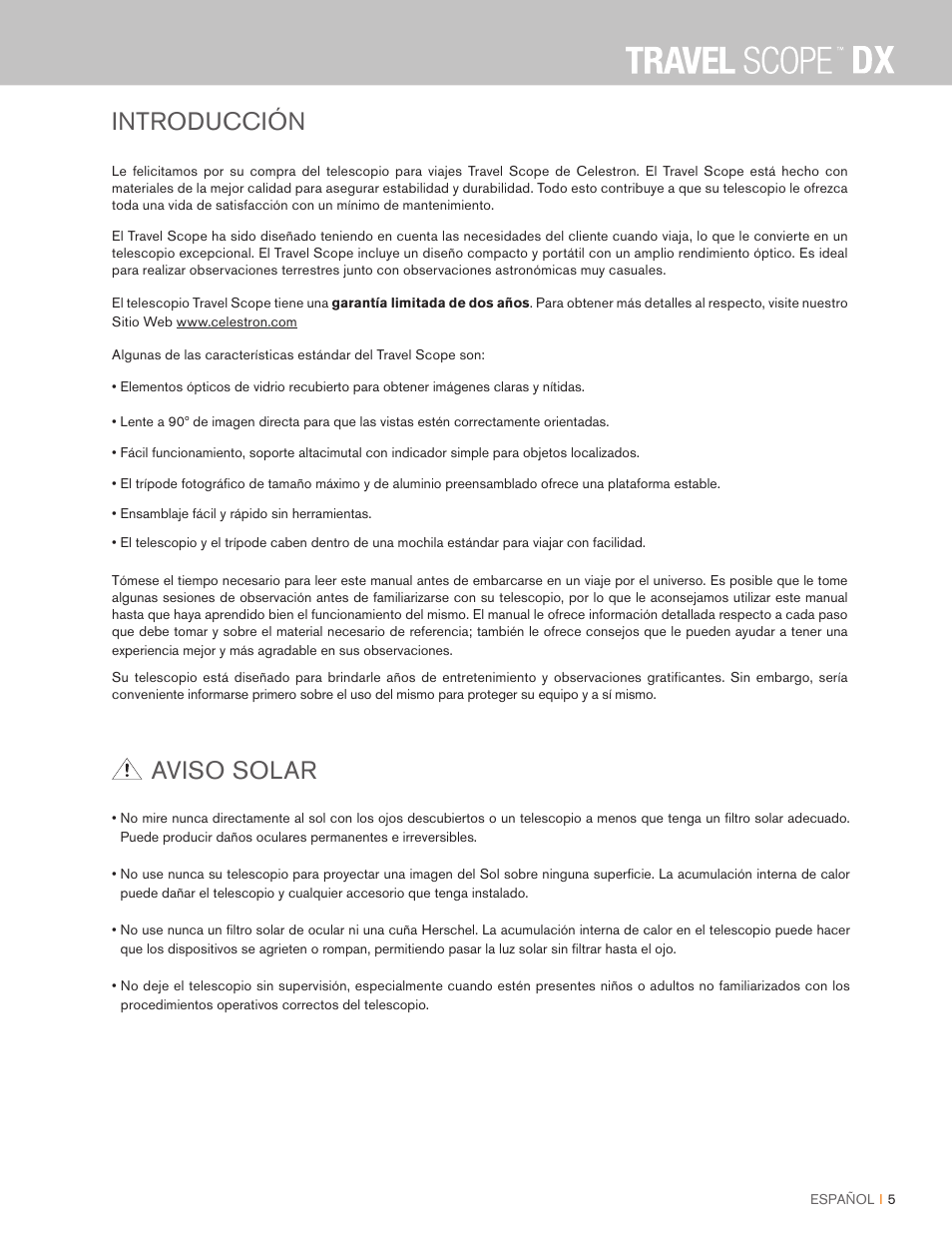 Introducción, Aviso solar | Celestron Travel Scope DX 60mm f/6 AZ Refractor Telescope Digiscoping Kit User Manual | Page 97 / 115