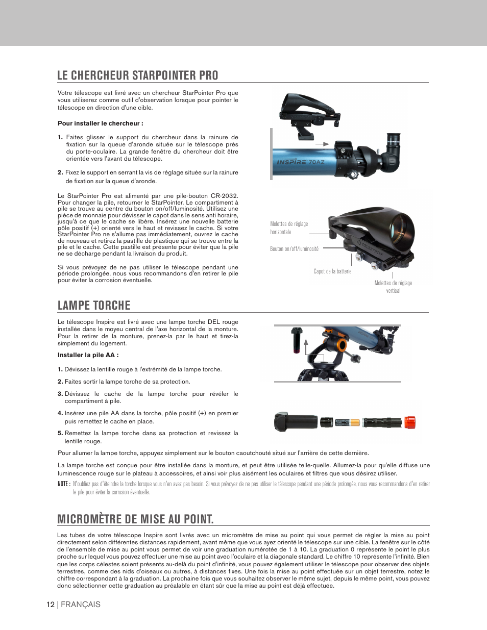 Lampe torche, Micromètre de mise au point, Le chercheur starpointer pro | Celestron Inspire 100AZ 100mm f/6.6 Alt-Az Refractor Telescope User Manual | Page 12 / 40