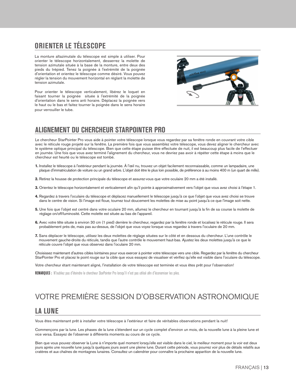 Alignement du chercheur starpointer pro, Orienter le télescope | Celestron Inspire 100AZ 100mm f/6.6 Alt-Az Refractor Telescope User Manual | Page 13 / 40