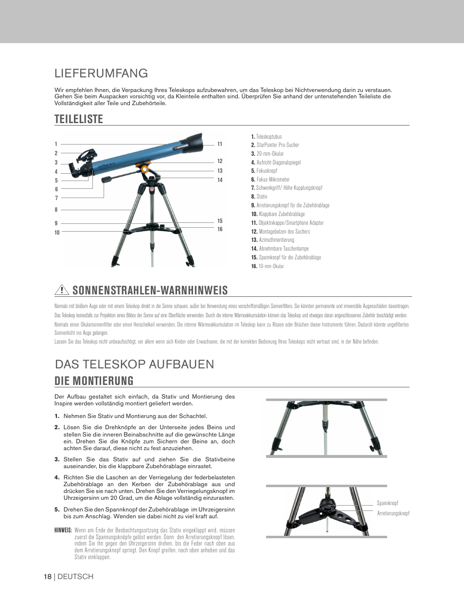 Sonnenstrahlen-warnhinweis | Celestron Inspire 100AZ 100mm f/6.6 Alt-Az Refractor Telescope User Manual | Page 18 / 40