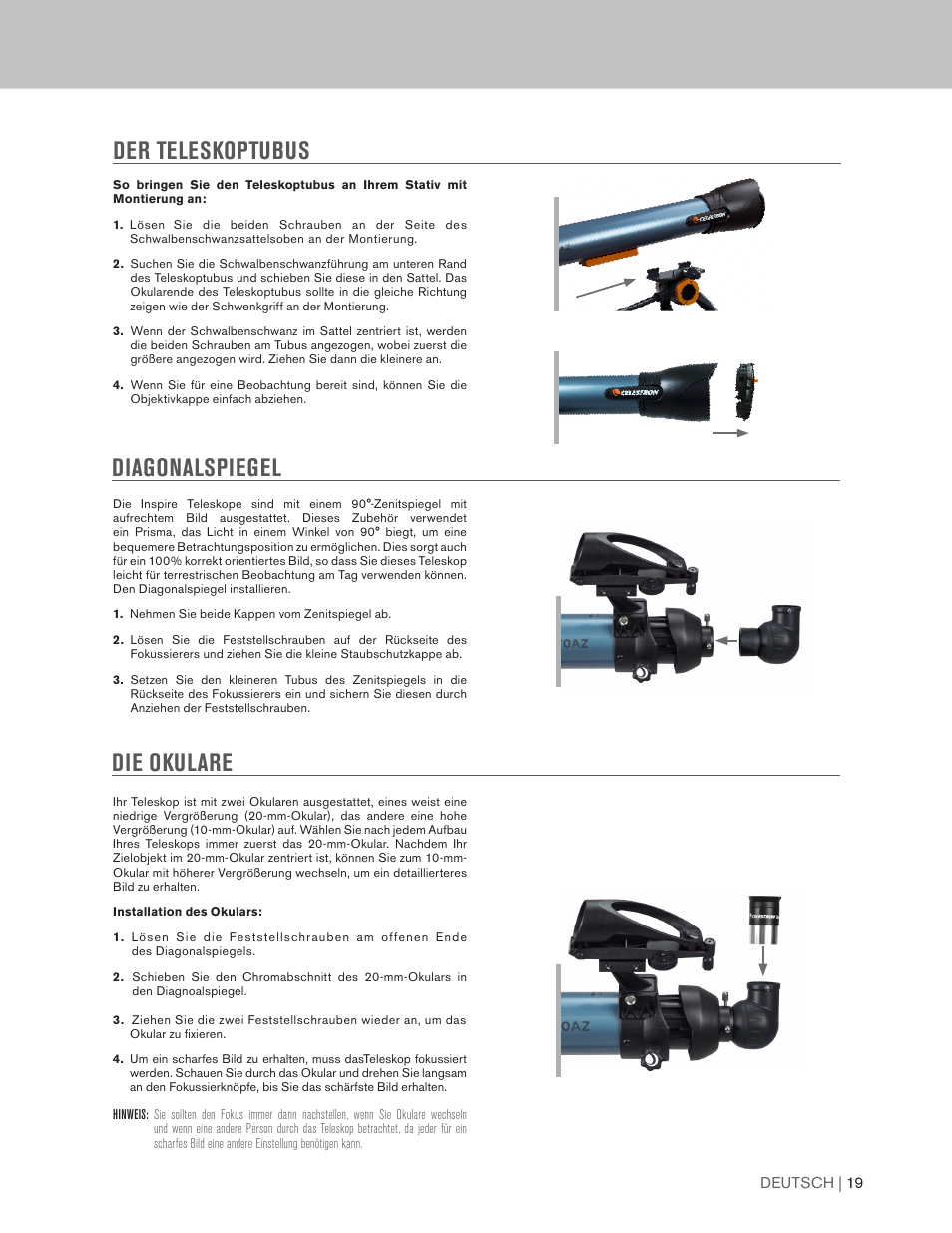 Diagonalspiegel der teleskoptubus die okulare | Celestron Inspire 100AZ 100mm f/6.6 Alt-Az Refractor Telescope User Manual | Page 19 / 40