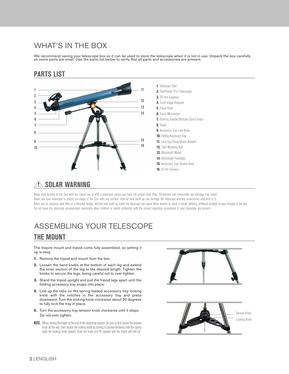 Solar warning | Celestron Inspire 100AZ 100mm f/6.6 Alt-Az Refractor Telescope User Manual | Page 2 / 40