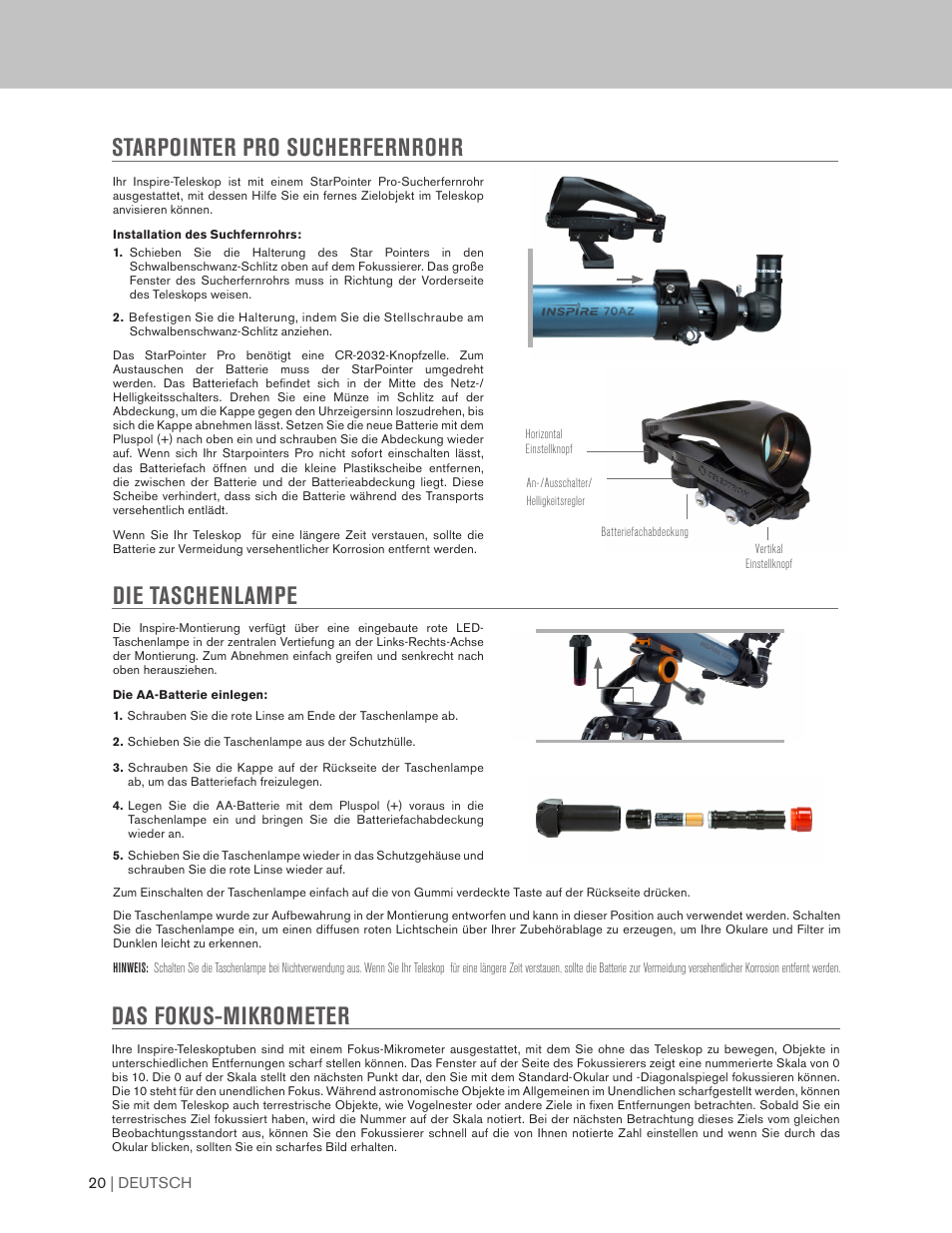 Die taschenlampe, Das fokus-mikrometer, Starpointer pro sucherfernrohr | Celestron Inspire 100AZ 100mm f/6.6 Alt-Az Refractor Telescope User Manual | Page 20 / 40