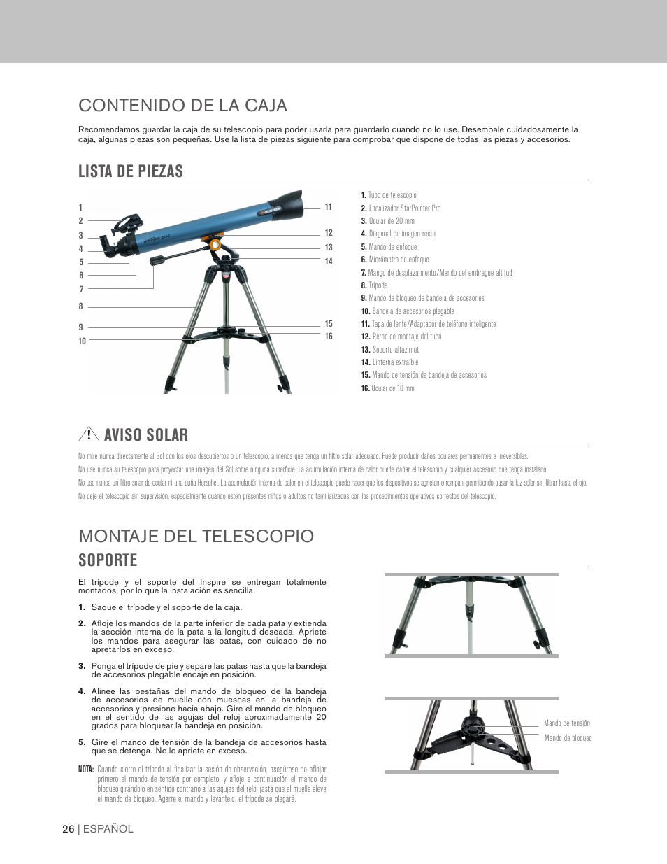 Aviso solar | Celestron Inspire 100AZ 100mm f/6.6 Alt-Az Refractor Telescope User Manual | Page 26 / 40