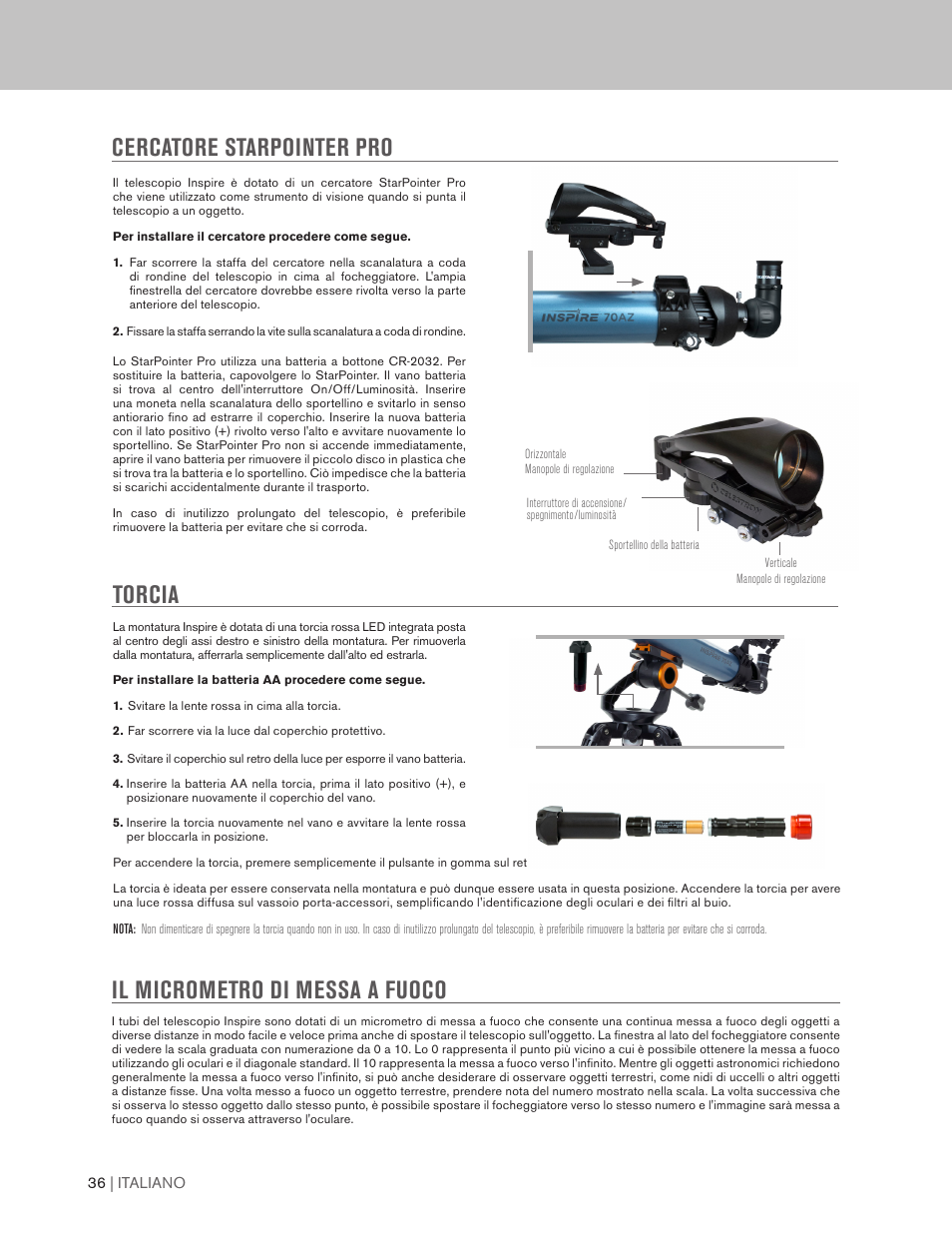 Torcia, Il micrometro di messa a fuoco, Cercatore starpointer pro | Celestron Inspire 100AZ 100mm f/6.6 Alt-Az Refractor Telescope User Manual | Page 36 / 40
