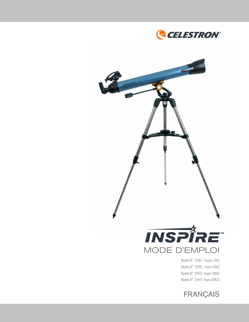 Mode d'emploi, Français | Celestron Inspire 100AZ 100mm f/6.6 Alt-Az Refractor Telescope User Manual | Page 9 / 40