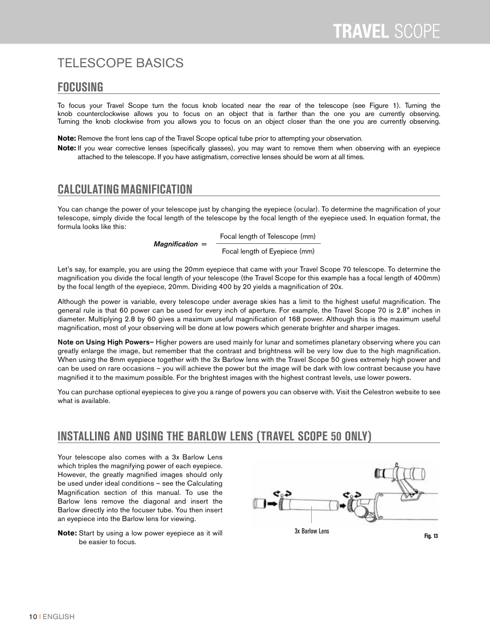 Telescope basics focusing, Calculating, Magnification | Celestron Travel Scope 80mm f/5 AZ Refractor Telescope Kit User Manual | Page 10 / 100