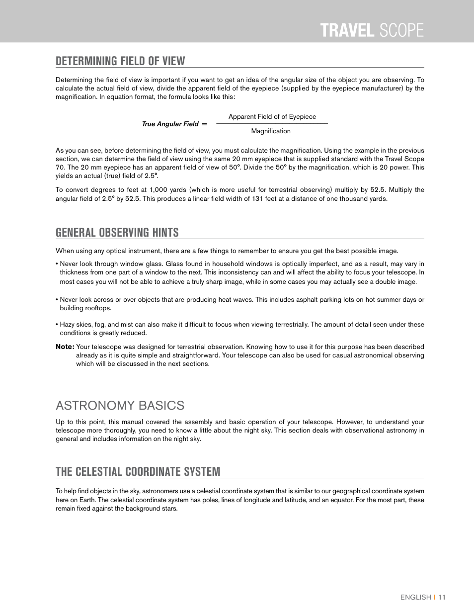 Determining field of view, General observing hints, Astronomy basics | The celestial coordinate system | Celestron Travel Scope 80mm f/5 AZ Refractor Telescope Kit User Manual | Page 11 / 100