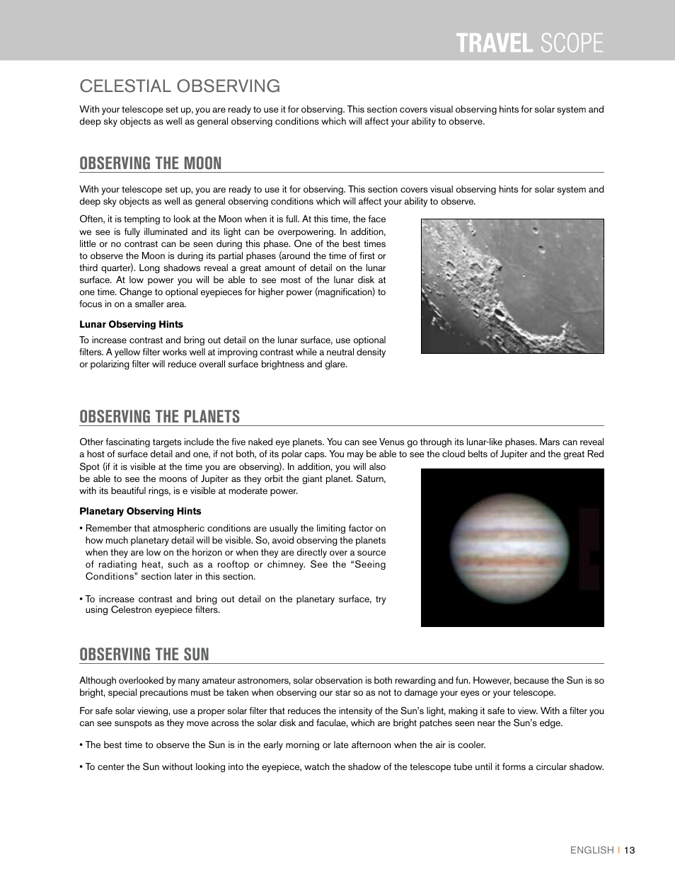 Celestial observing, Observing the moon, Observing the planets | Observing the sun | Celestron Travel Scope 80mm f/5 AZ Refractor Telescope Kit User Manual | Page 13 / 100