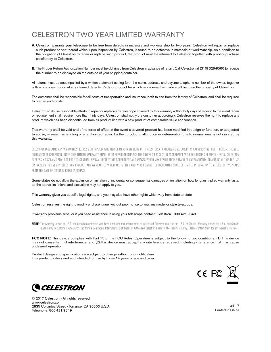 Celestron two year limited warranty | Celestron Travel Scope 80mm f/5 AZ Refractor Telescope Kit User Manual | Page 20 / 100